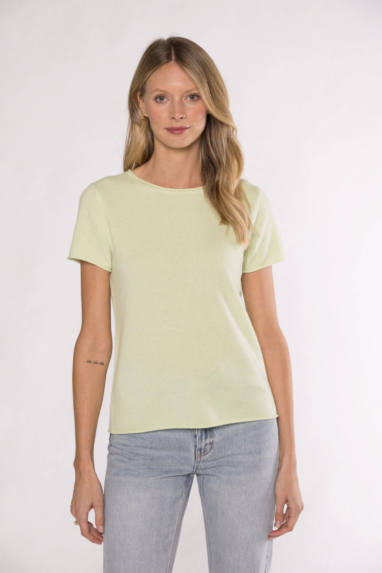 Seamless pullover in brushed cashmere, lime Knitwear for Women
