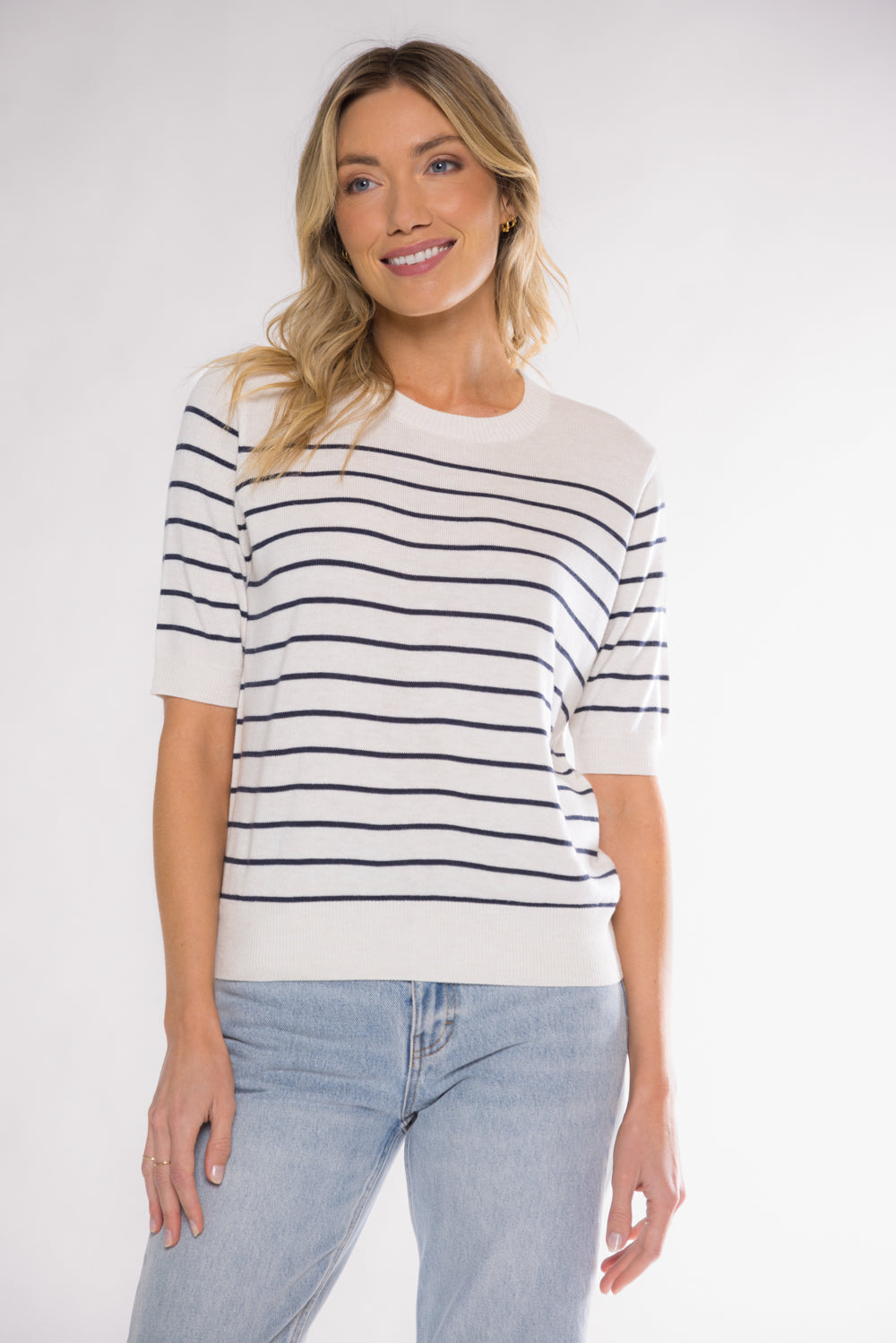 CLAIRE SHORT SLEEVE SWEATER - IVORY/NAVY