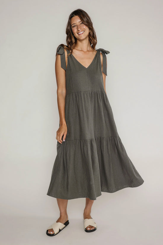 LOUISA SHOULDER TIE DRESS - DARK OLIVE