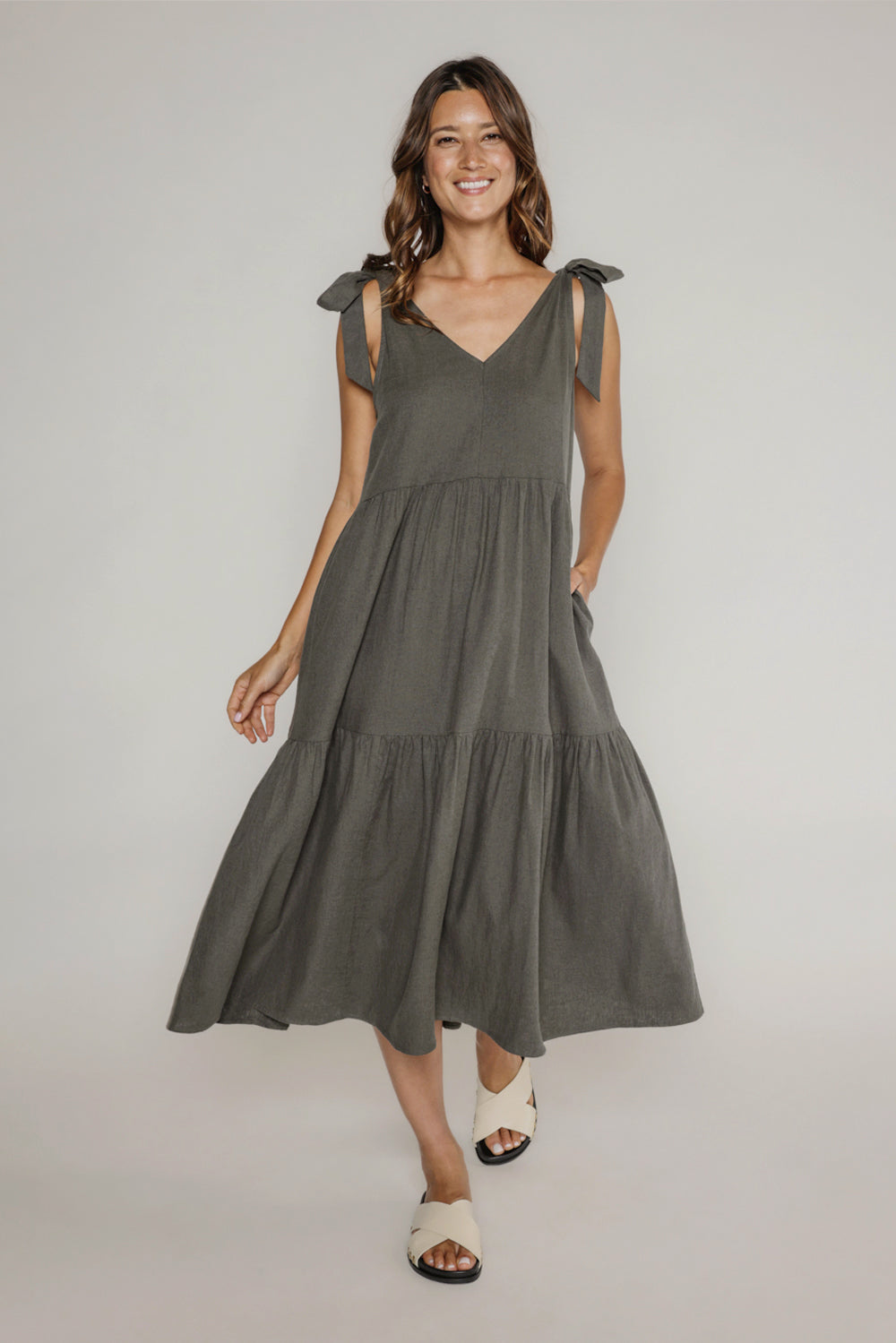 LOUISA SHOULDER TIE DRESS - DARK OLIVE