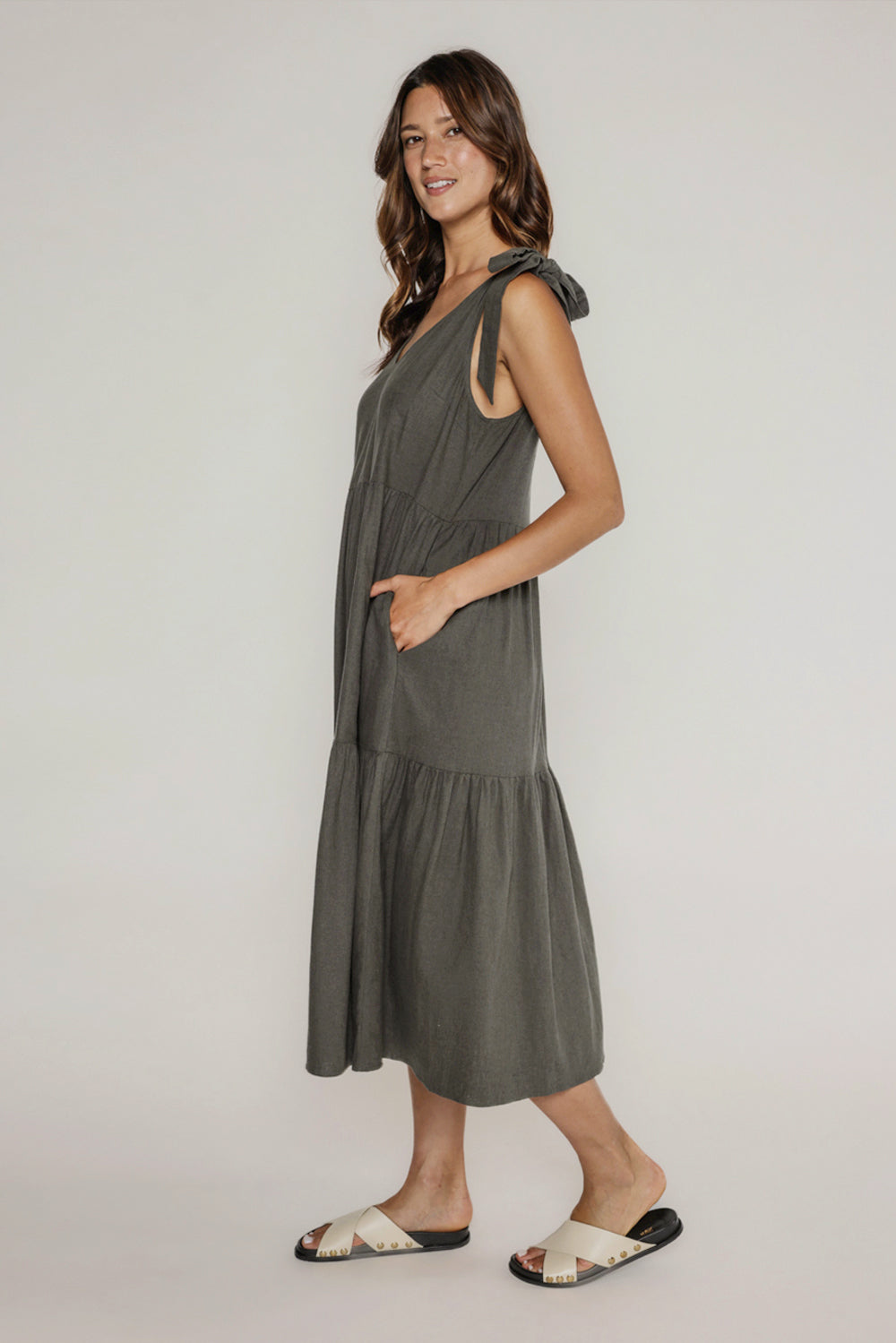 LOUISA SHOULDER TIE DRESS - DARK OLIVE