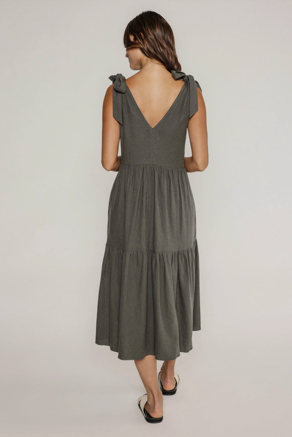 LOUISA SHOULDER TIE DRESS - DARK OLIVE