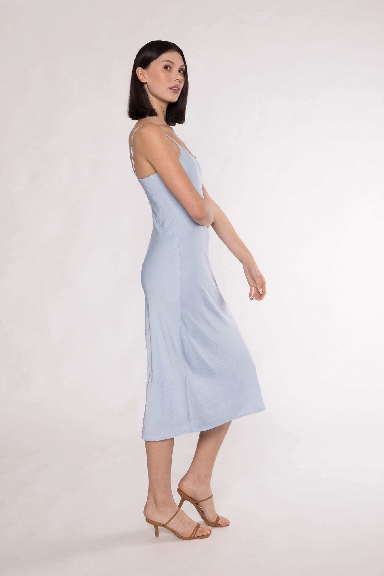 powder blue slip dress S Powder Blue Satin Slip Dress Bias Cut Resort & Cruise Wear Midi
