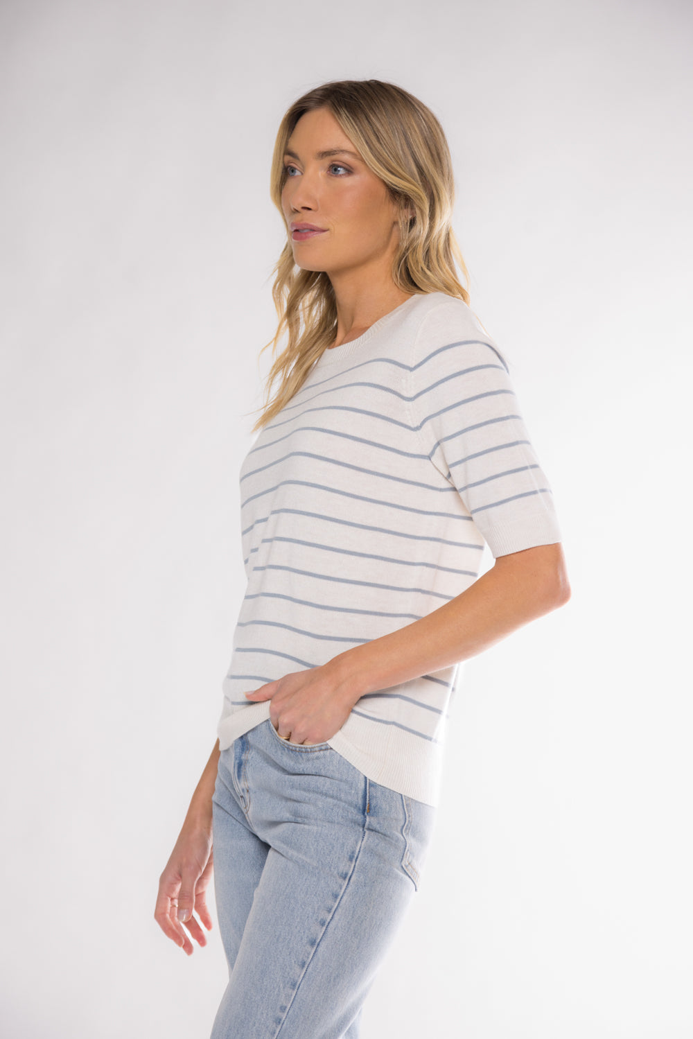 CLAIRE SHORT SLEEVE SWEATER - IVORY/DENIM