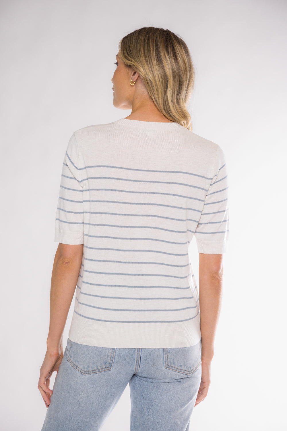 CLAIRE SHORT SLEEVE SWEATER - IVORY/DENIM