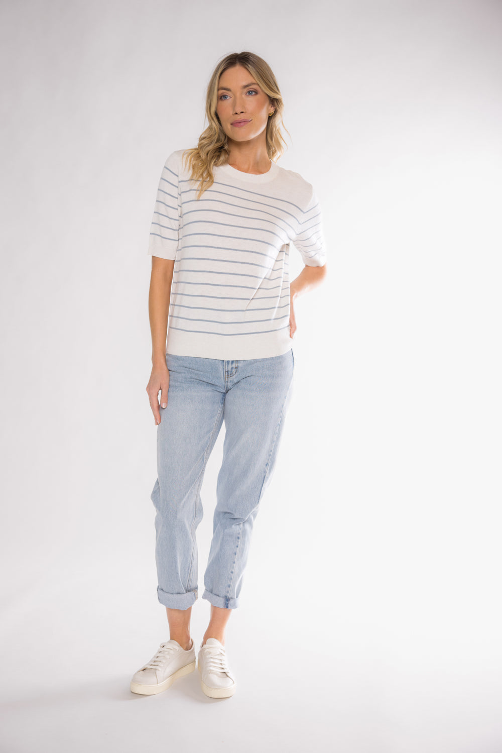 CLAIRE SHORT SLEEVE SWEATER - IVORY/DENIM