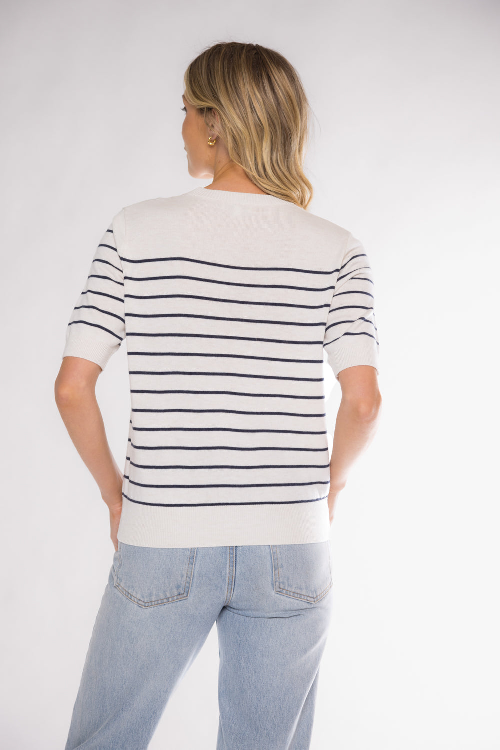 CLAIRE SHORT SLEEVE SWEATER - IVORY/NAVY