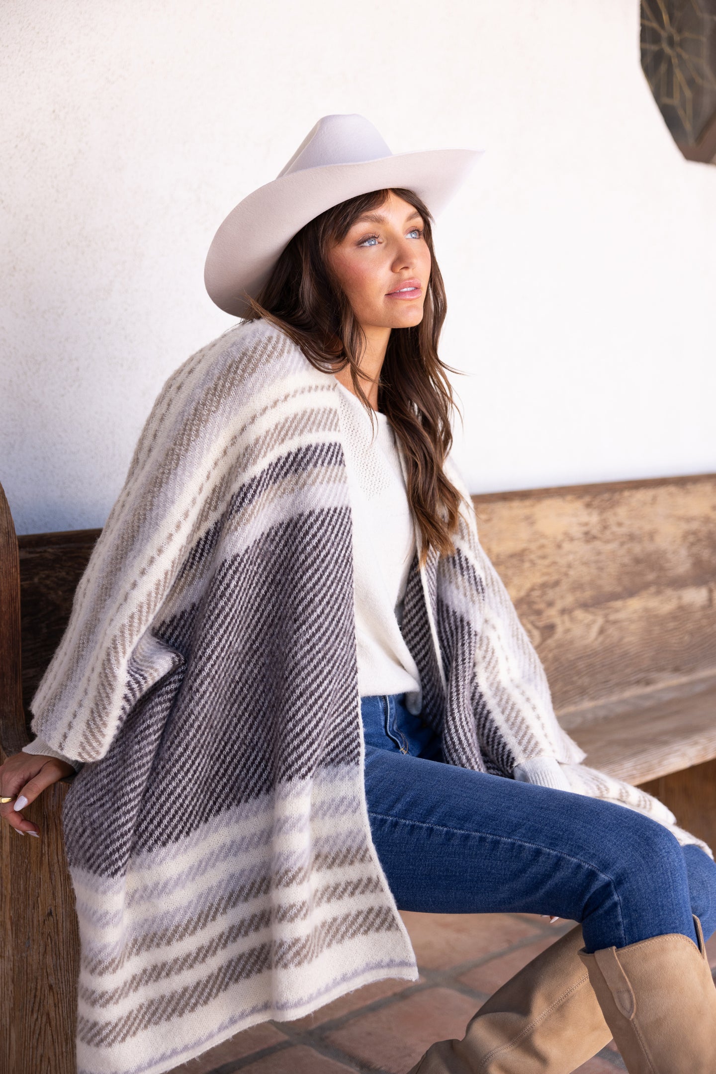 STRIPE PONCHO - TAUPE