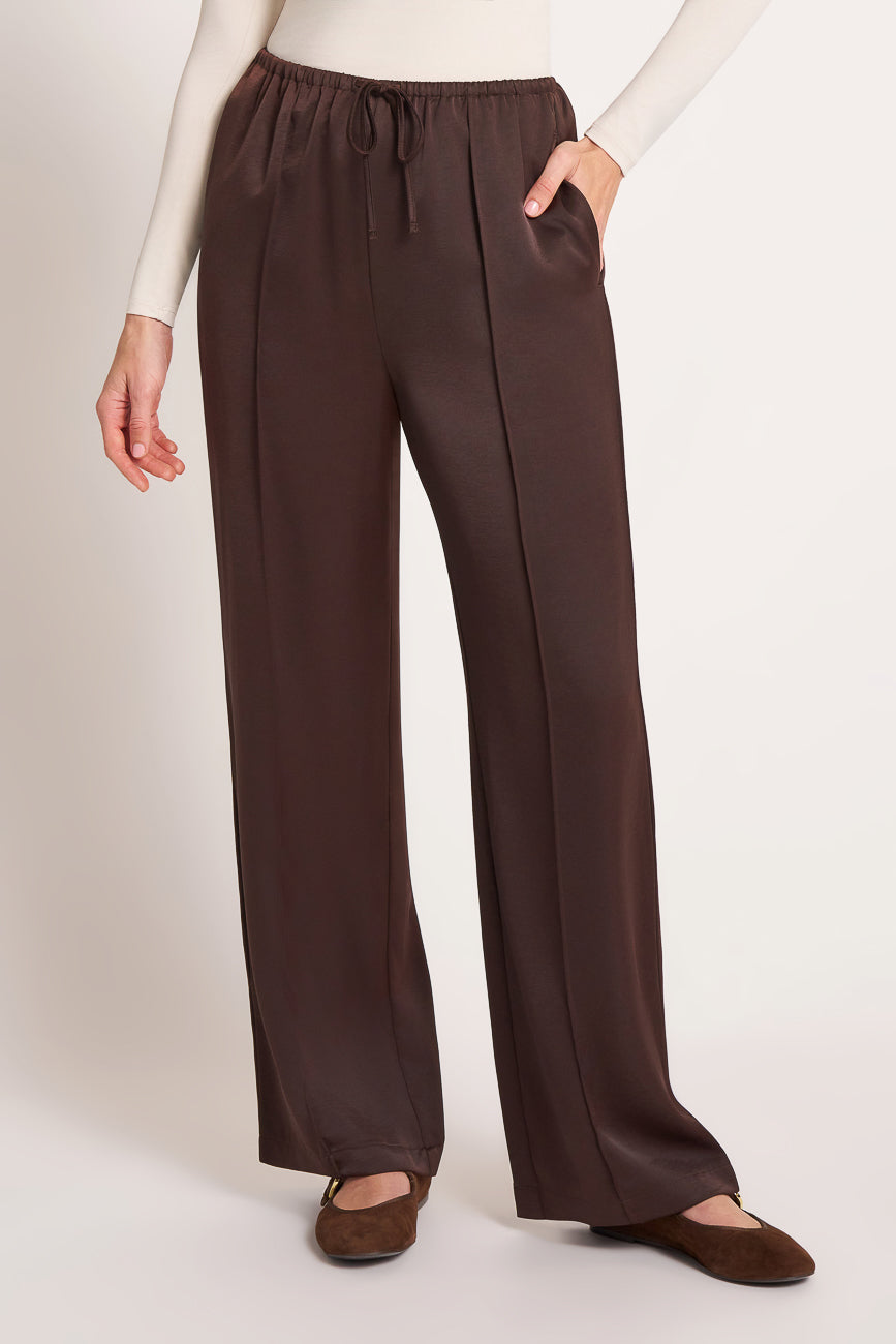 ROSELLE DRAWSTRING SATIN PANT - ESPRESSO