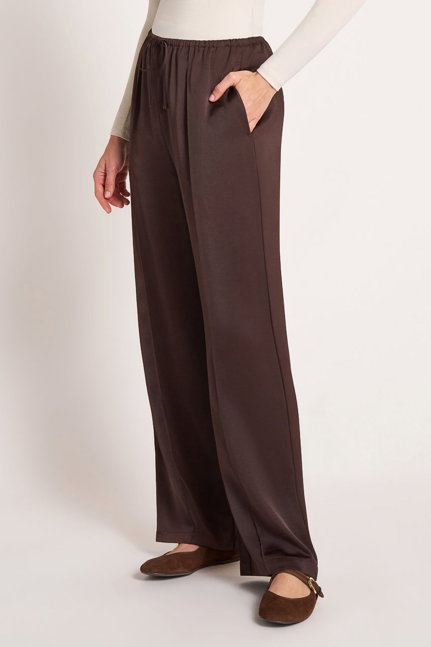 ROSELLE DRAWSTRING SATIN PANT - ESPRESSO