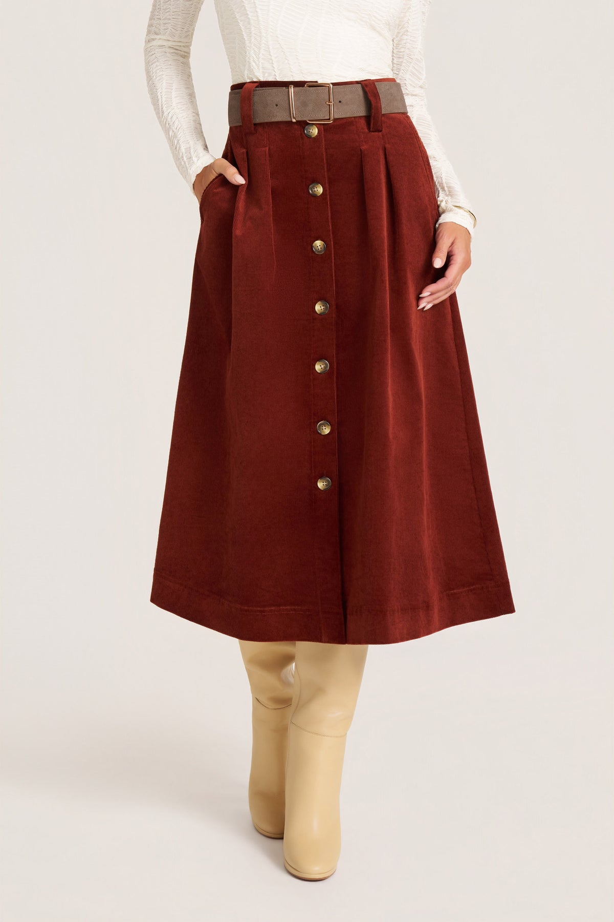 MARLOWE CORDUROY MIDI SKIRT - BRICK