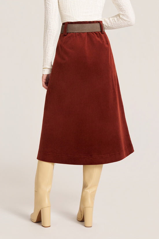 MARLOWE CORDUROY MIDI SKIRT - BRICK