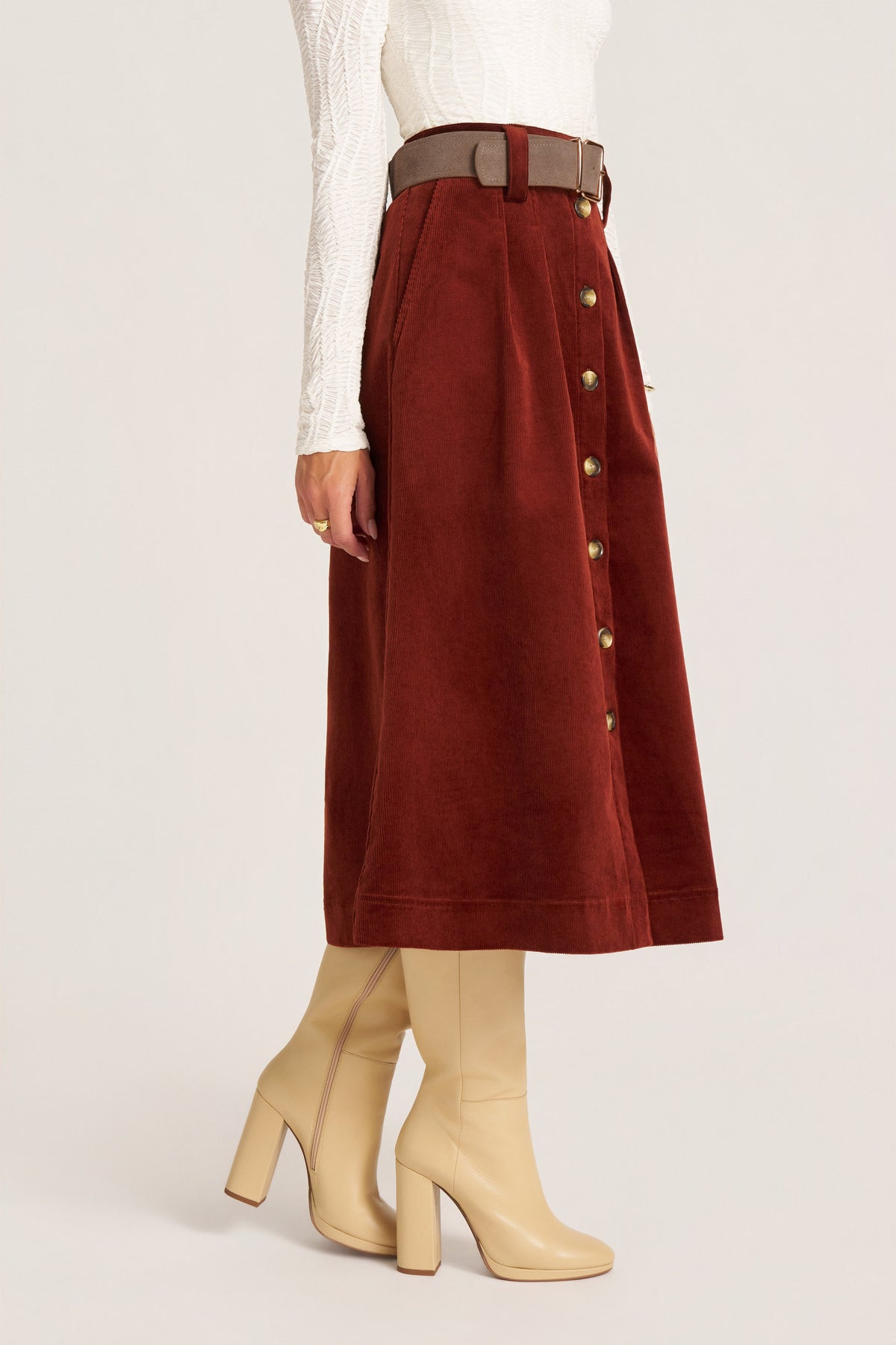 MARLOWE CORDUROY MIDI SKIRT - BRICK