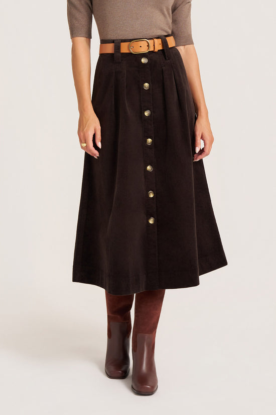 MARLOWE CORDUROY MIDI SKIRT - DARK BROWN
