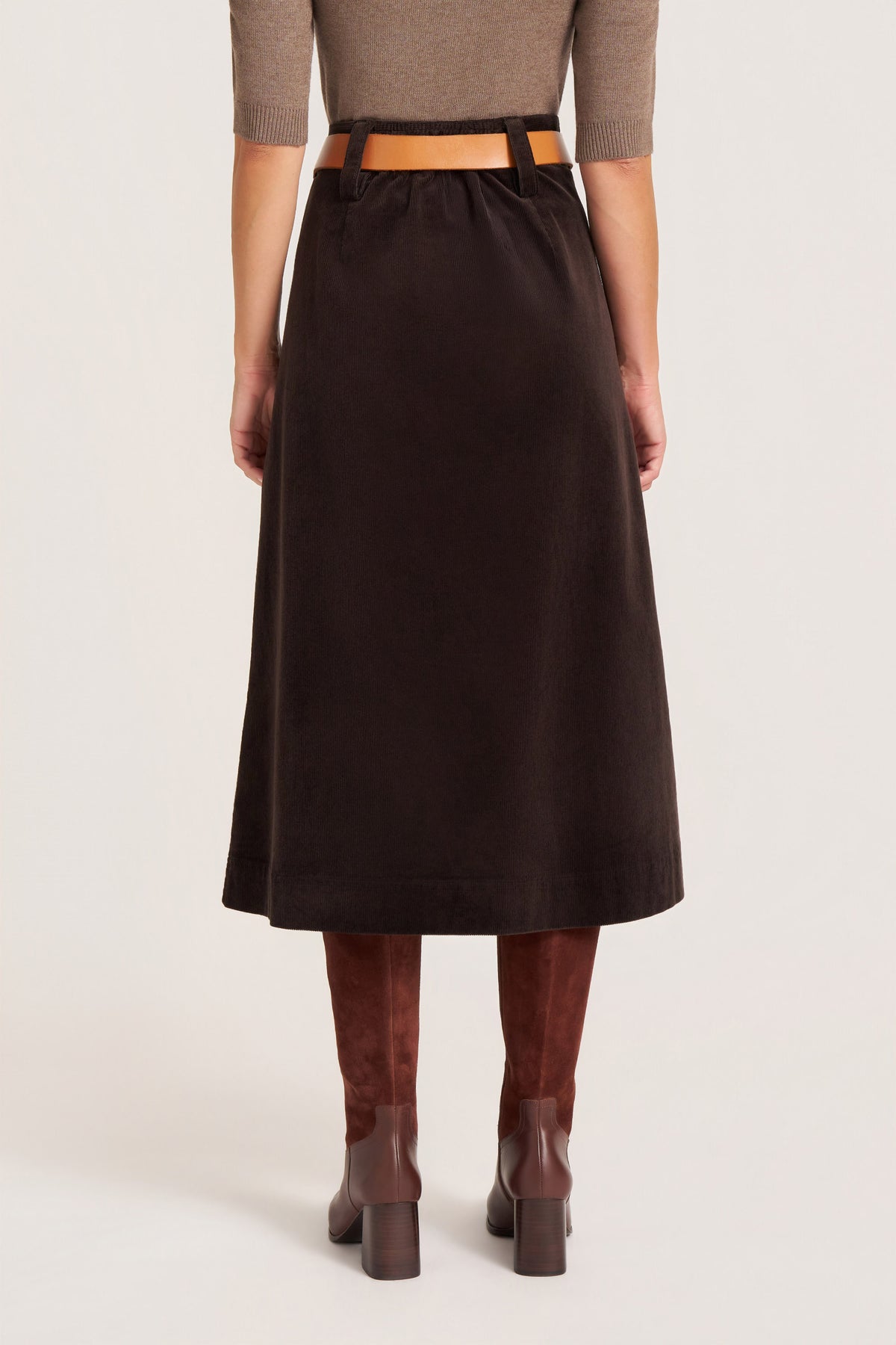 MARLOWE CORDUROY MIDI SKIRT - DARK BROWN