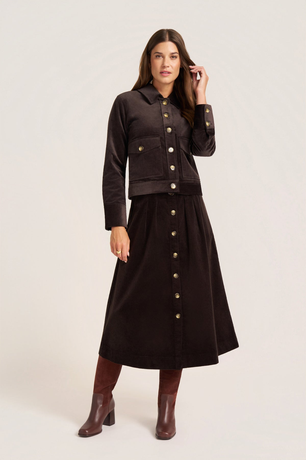 MARLOWE CORDUROY MIDI SKIRT - DARK BROWN