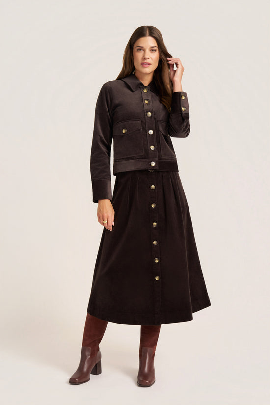 MARLOWE CORDUROY MIDI SKIRT - DARK BROWN