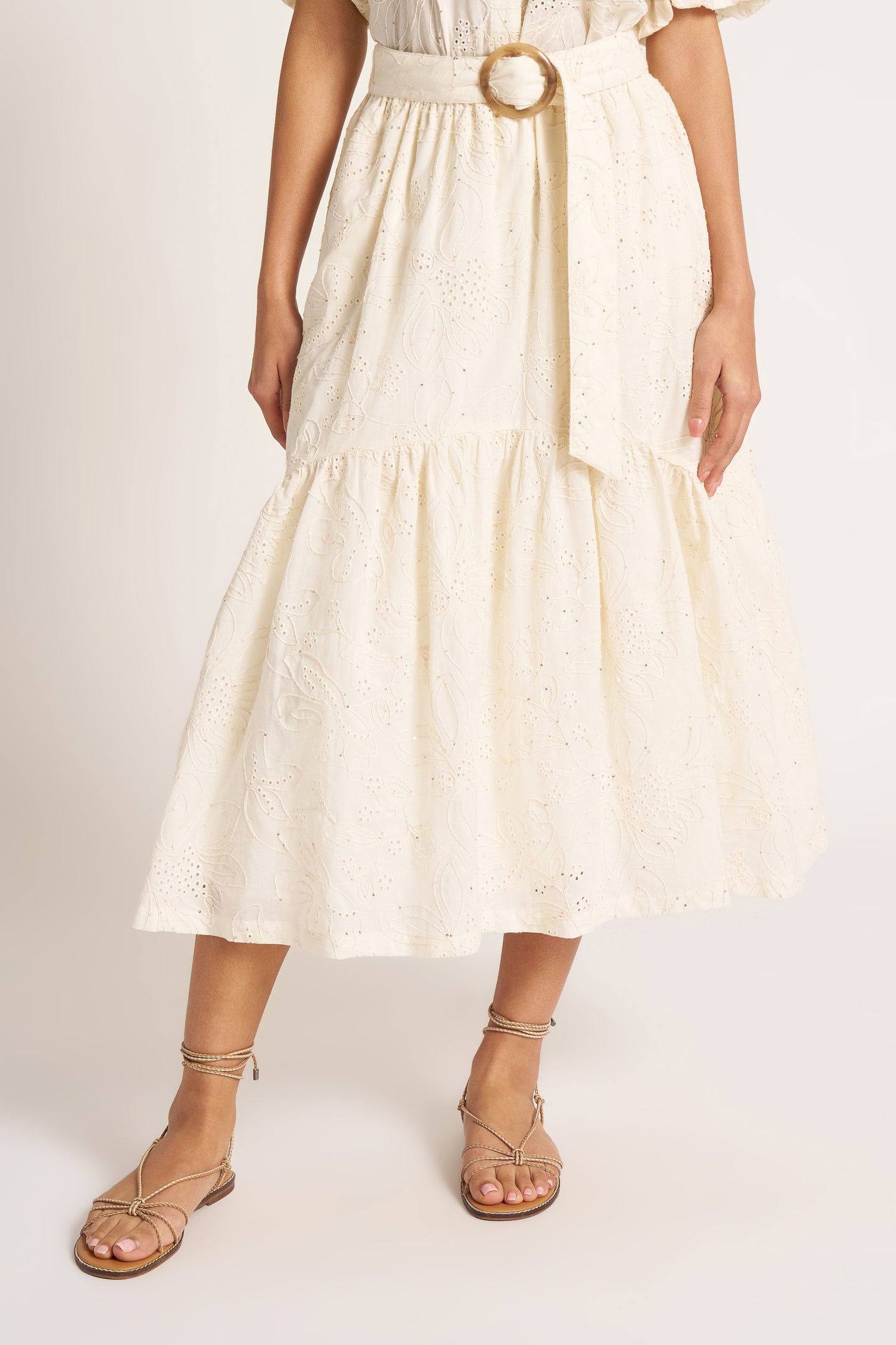 LIORA BELTED FLARED MIDI SKIRT - IVORY