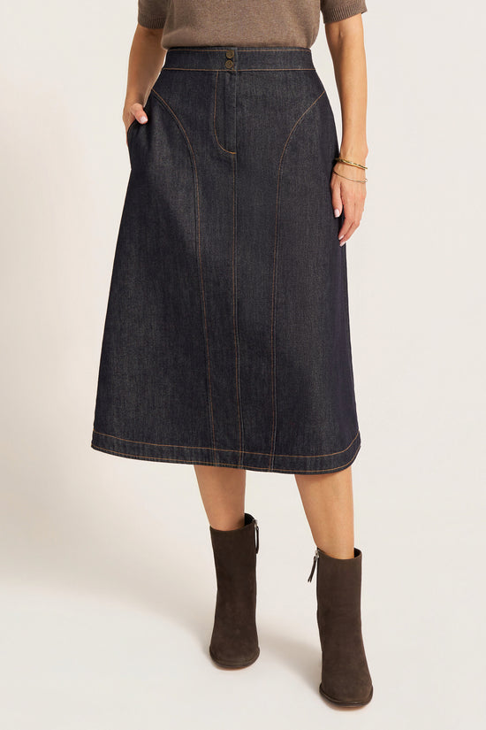 LYNN DENIM SEAMED MIDI SKIRT - DENIM