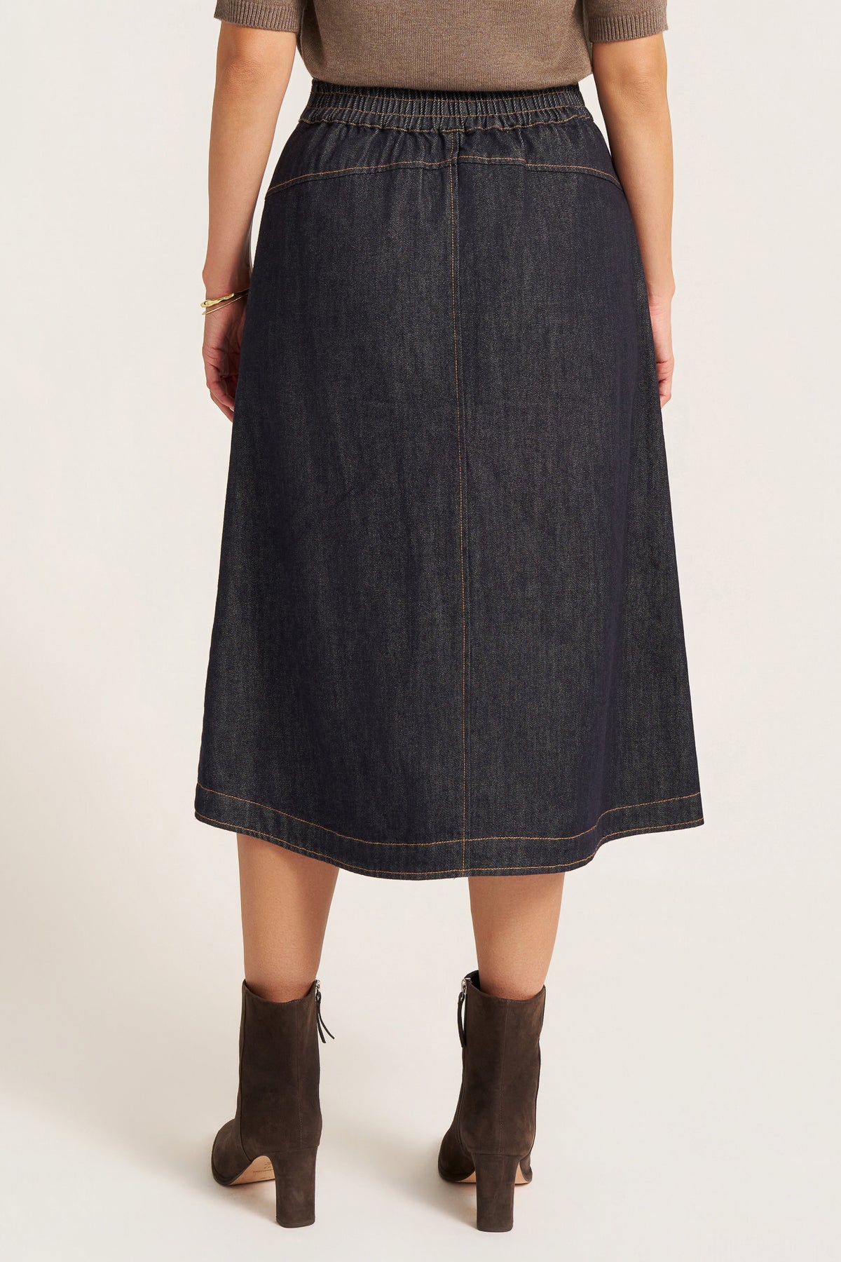 LYNN DENIM SEAMED MIDI SKIRT - DENIM