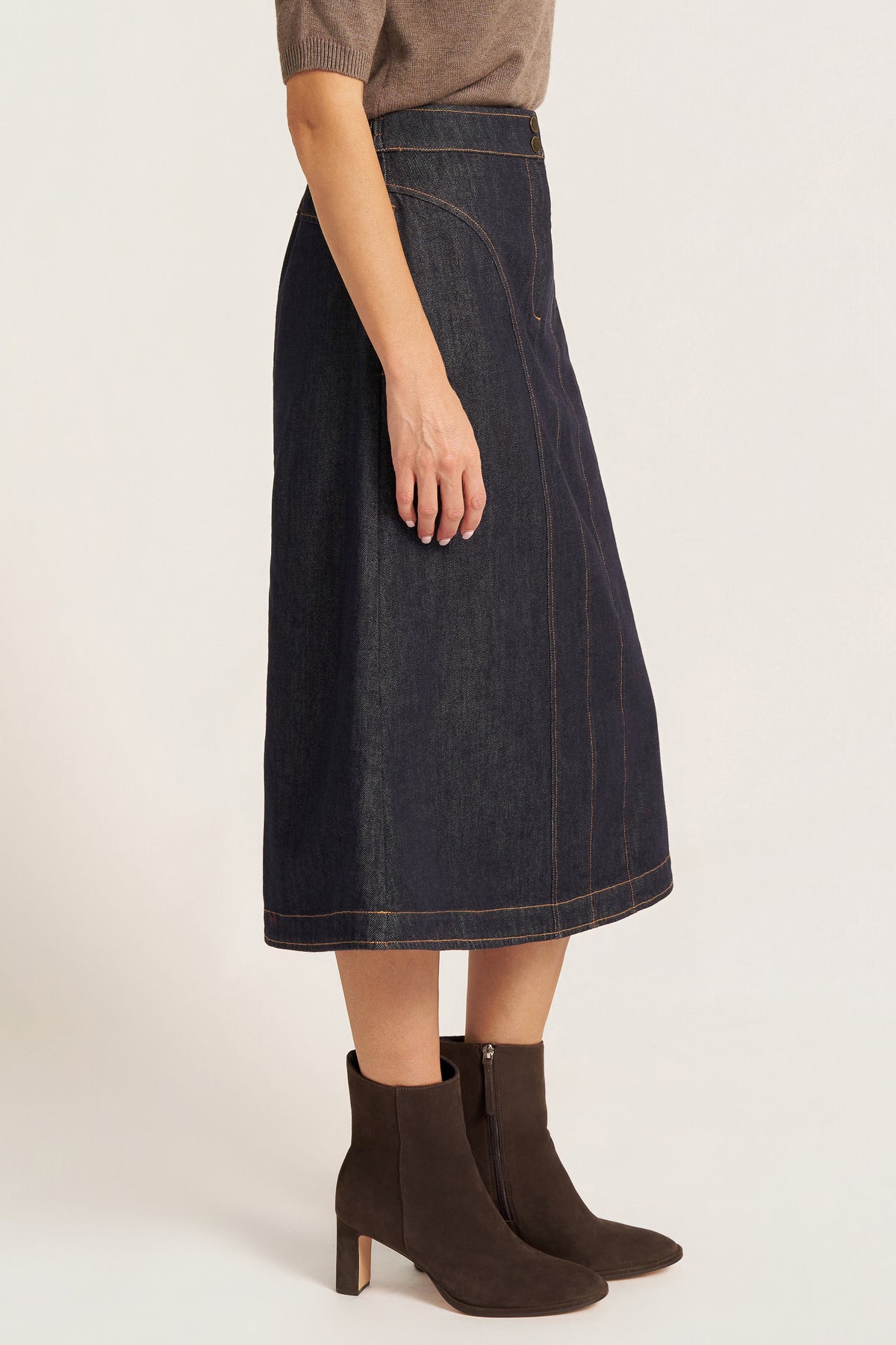 LYNN DENIM SEAMED MIDI SKIRT - DENIM