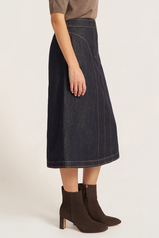 LYNN DENIM SEAMED MIDI SKIRT - DENIM