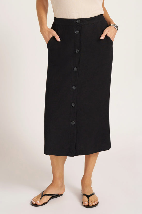 WOVEN SKIRT W/ BUTTON DETAIL IN FRONT - BLACK