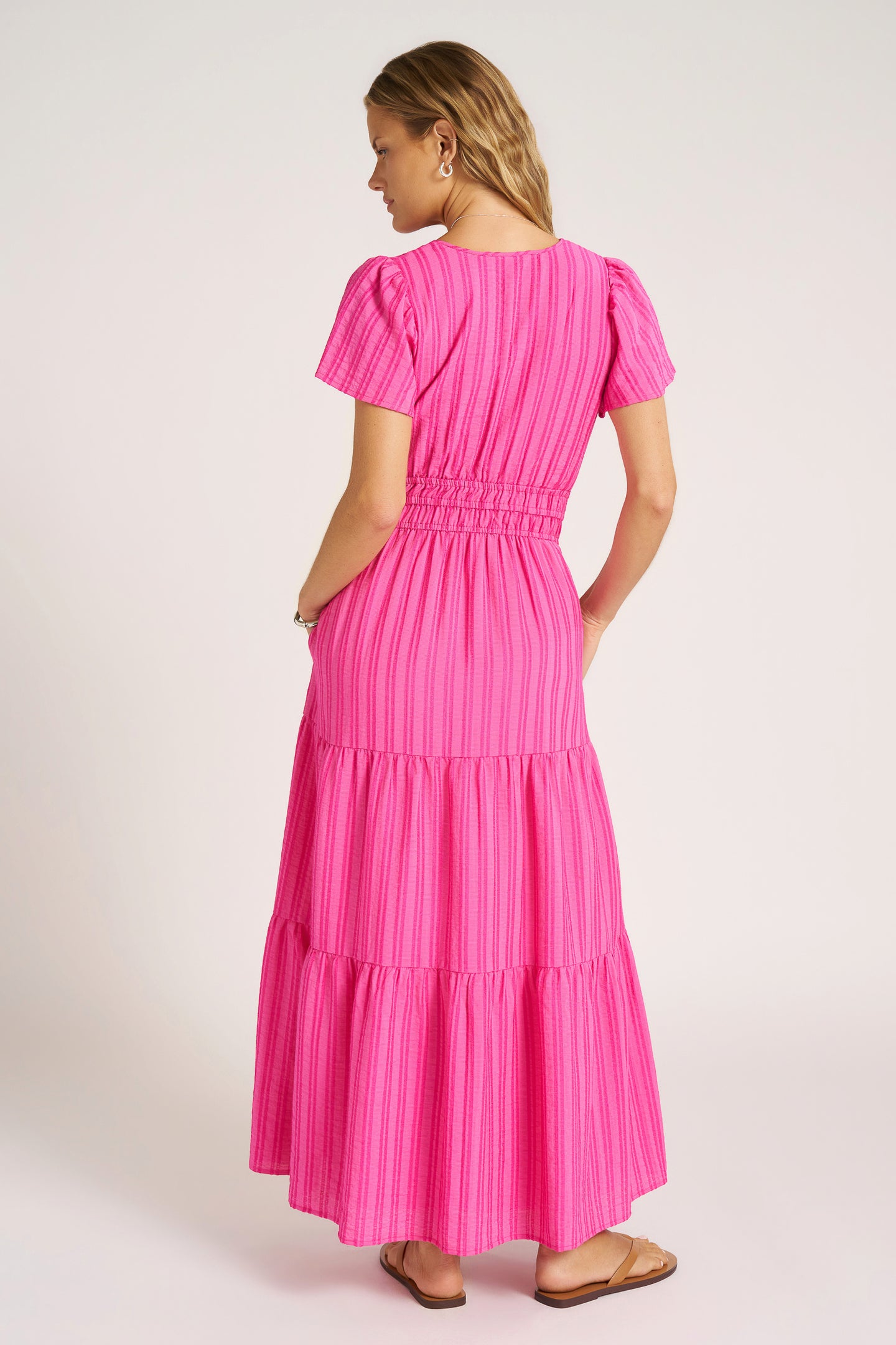 AMALA STRIPED TIERED MAXI DRESS - HOT PINK
