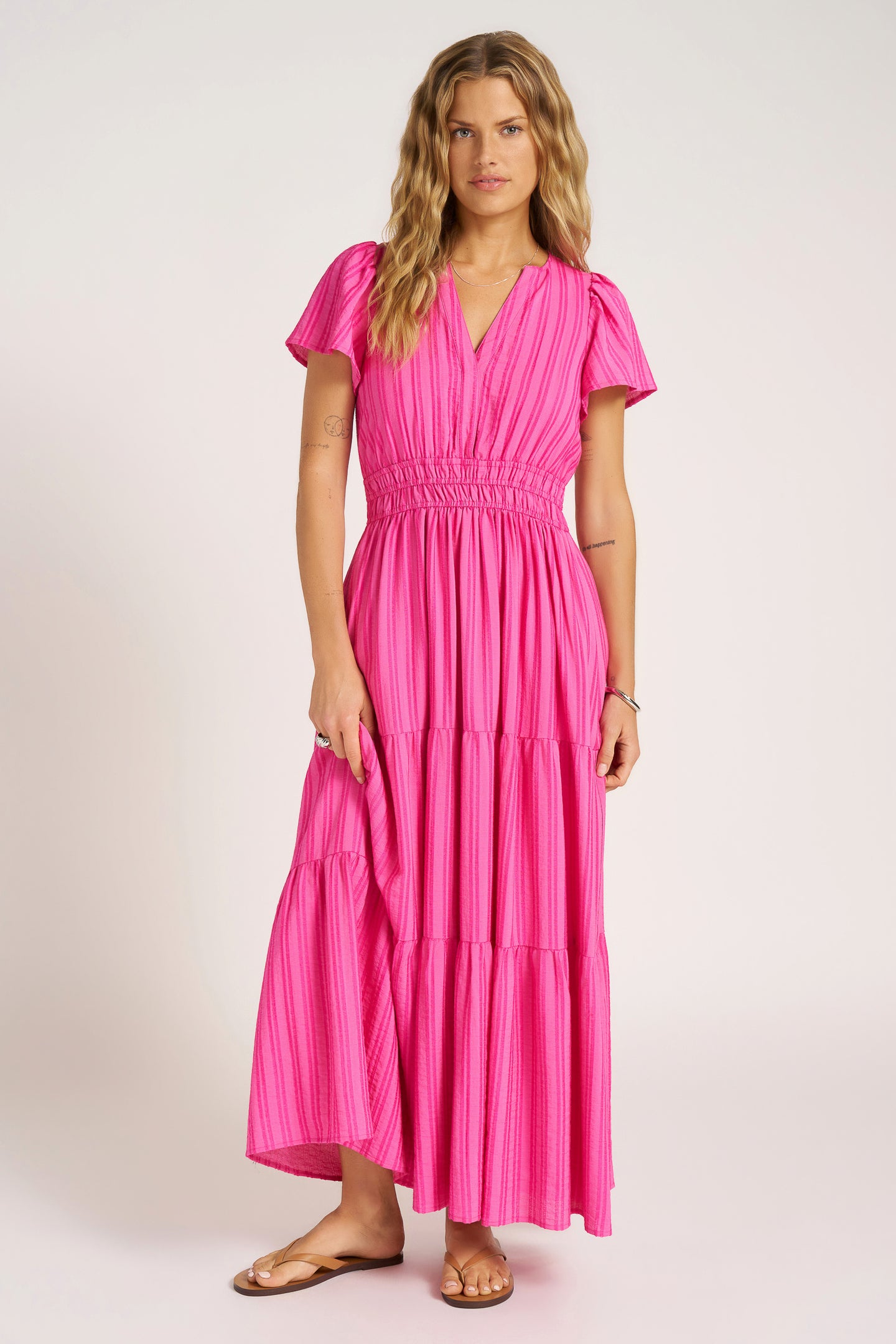 AMALA STRIPED TIERED MAXI DRESS - HOT PINK