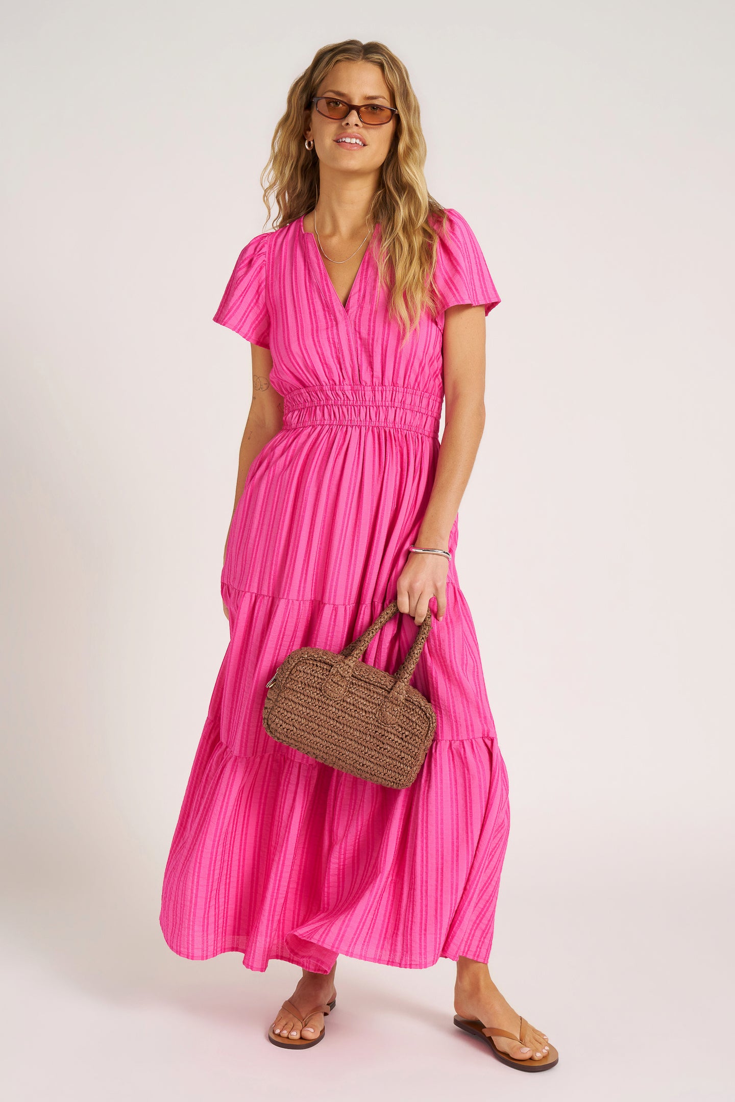 AMALA STRIPED TIERED MAXI DRESS - HOT PINK