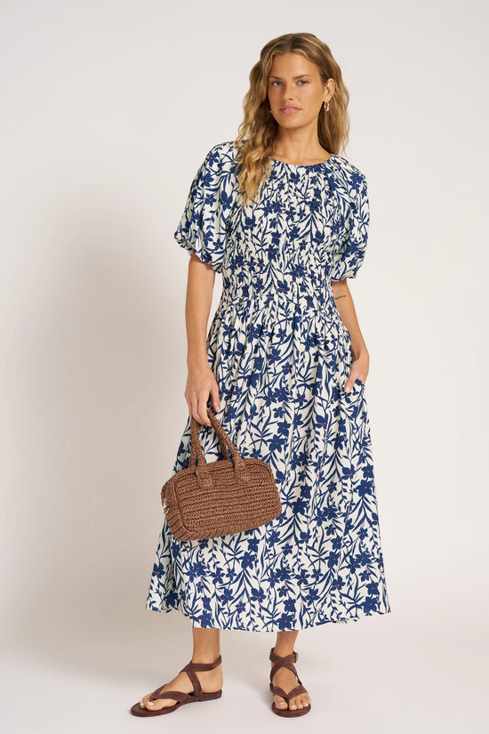 SLOANNE SMOCKED MIDI DRESS - VELLUM/NAVY