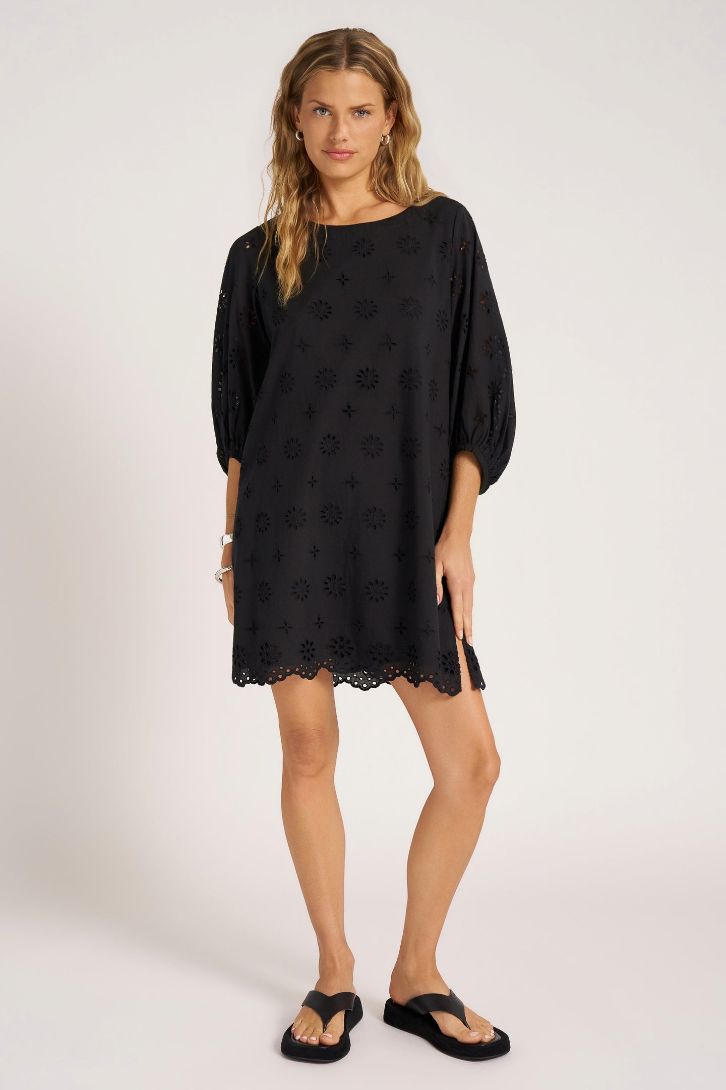 ONA EYELET POP OVER DRESS - BLACK