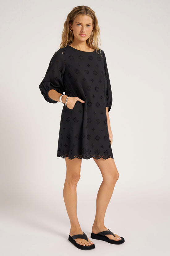ONA EYELET POP OVER DRESS - BLACK