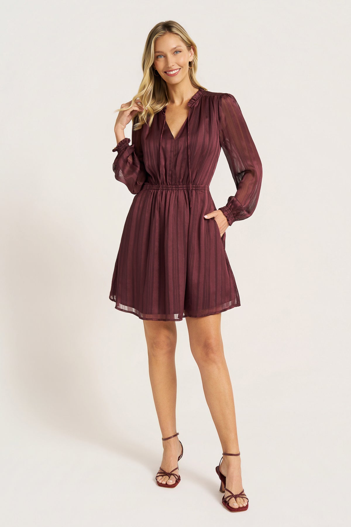 L/S RUFFLE NECK MIDI DRESS - LICORICE