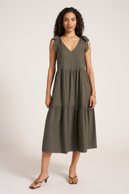 LOUISA SHOULDER TIE DRESS - DARK OLIVE