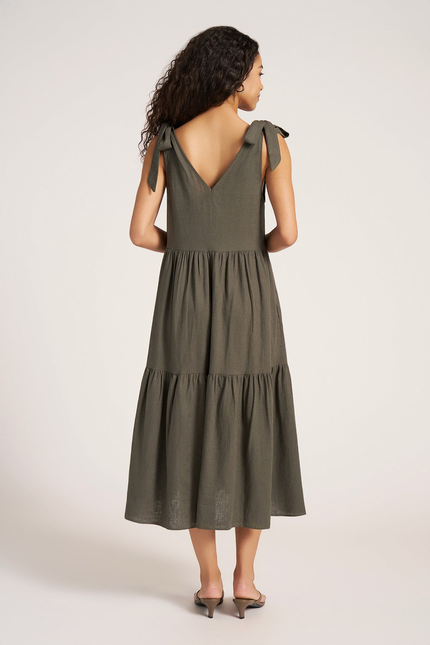 LOUISA SHOULDER TIE DRESS - DARK OLIVE