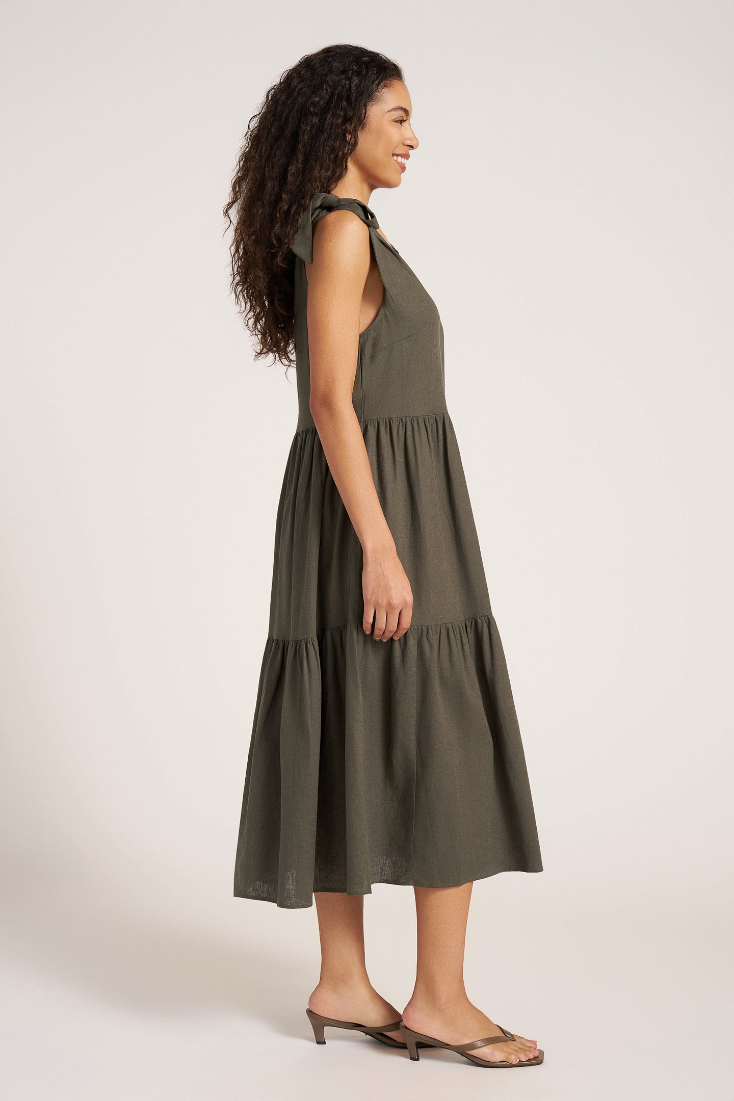 LOUISA SHOULDER TIE DRESS - DARK OLIVE