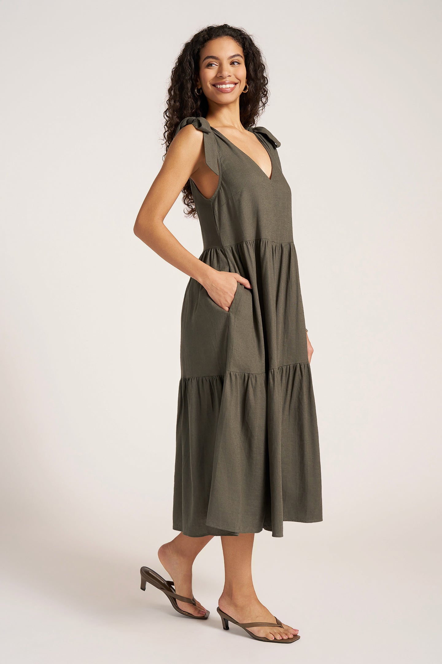 LOUISA SHOULDER TIE DRESS - DARK OLIVE