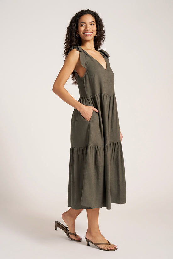 LOUISA SHOULDER TIE DRESS - DARK OLIVE