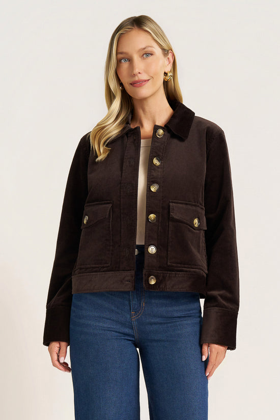BUTTON FRONT CORDUROY JACKET - DARK BROWN