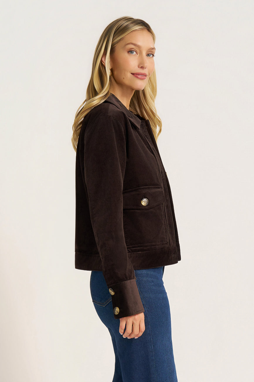 BUTTON FRONT CORDUROY JACKET - DARK BROWN