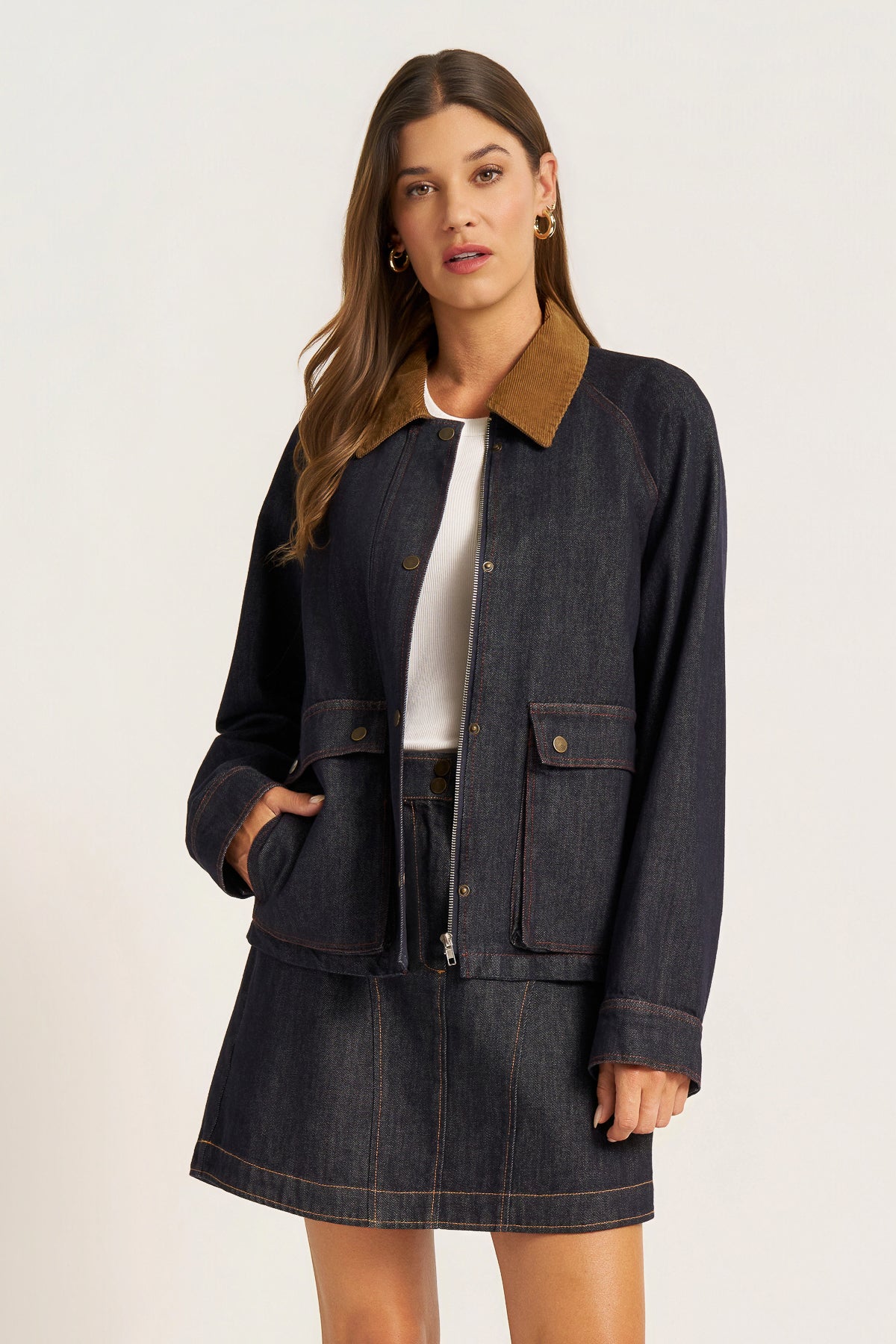 MARLEY DENIM JACKET W/CORDUROY COLLAR - DENIM/COGNAC