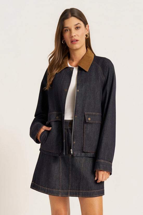 MARLEY DENIM JACKET W/CORDUROY COLLAR - DENIM/COGNAC