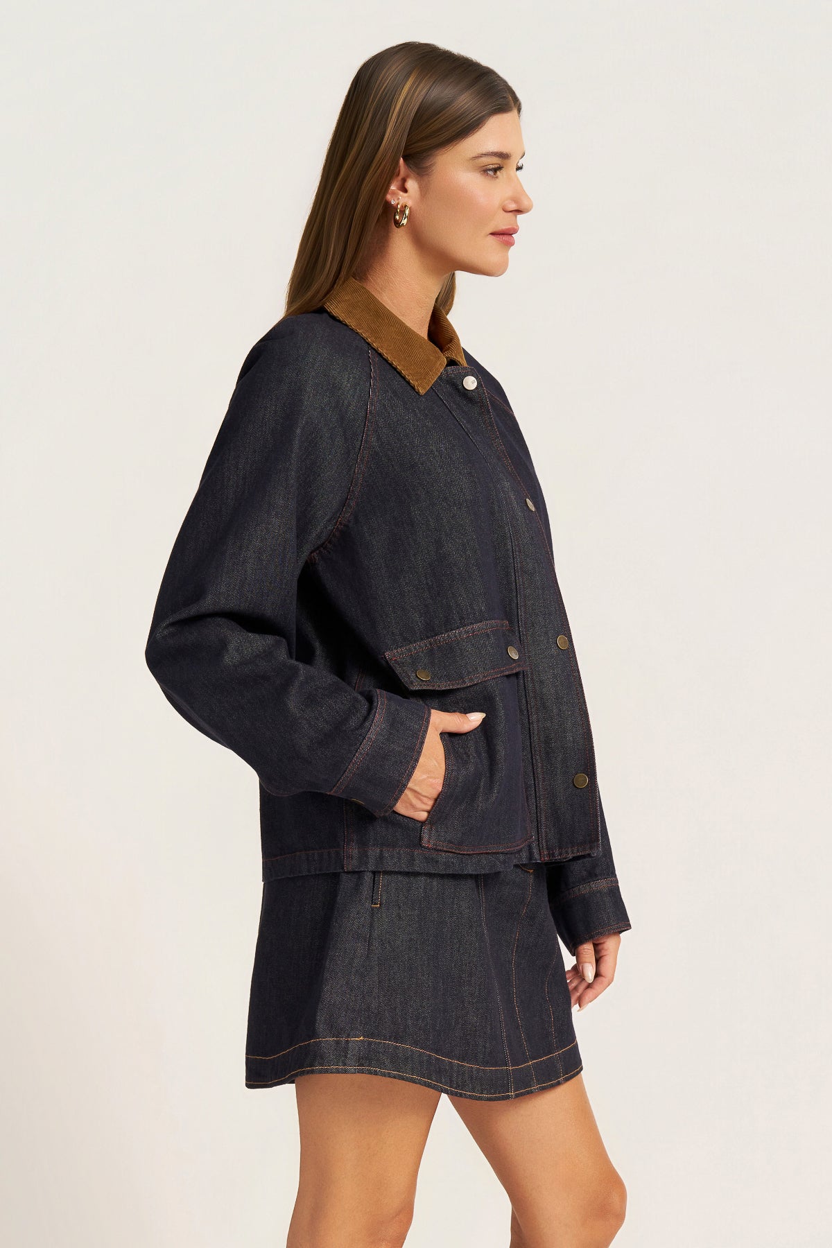 MARLEY DENIM JACKET W/CORDUROY COLLAR - DENIM/COGNAC