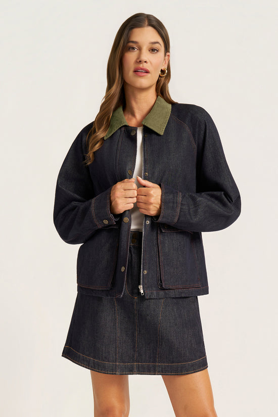 MARLEY DENIM JACKET W/CORDUROY COLLAR - DENIM/OLIVE