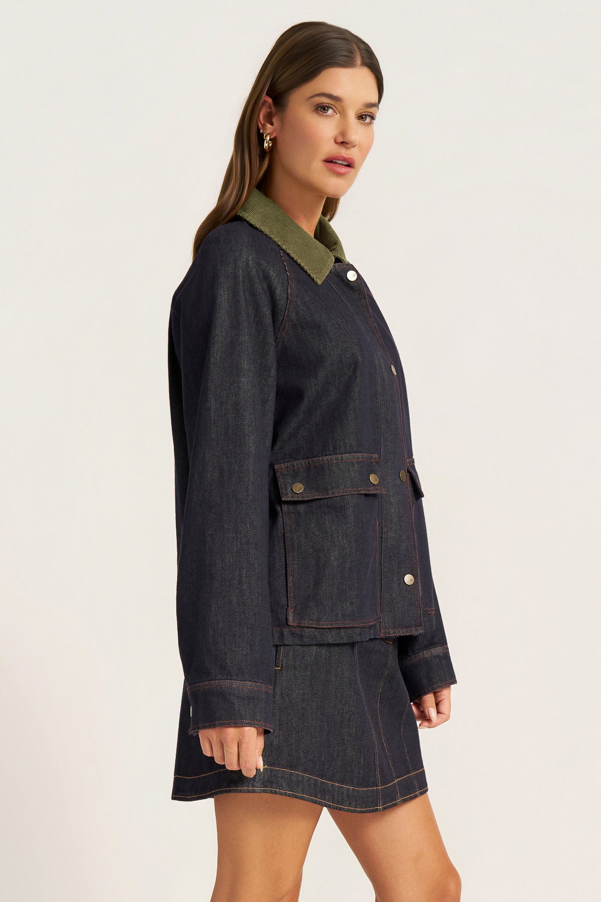 MARLEY DENIM JACKET W/CORDUROY COLLAR - DENIM/OLIVE