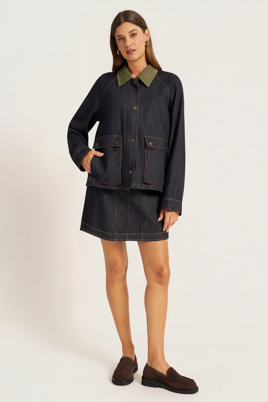 MARLEY DENIM JACKET W/CORDUROY COLLAR - DENIM/OLIVE