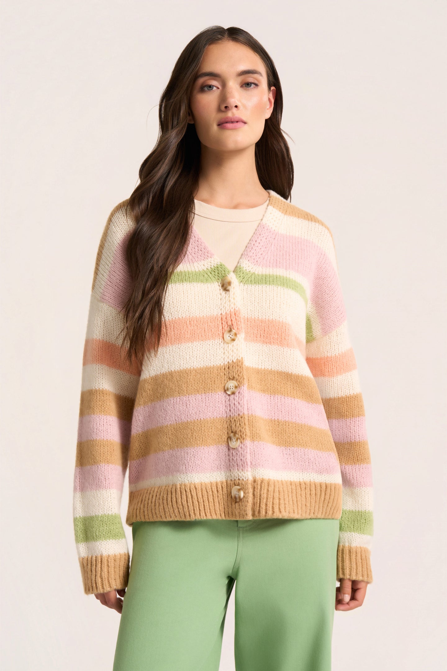 LUCCA STRIPE CARDIGAN - CAMEL