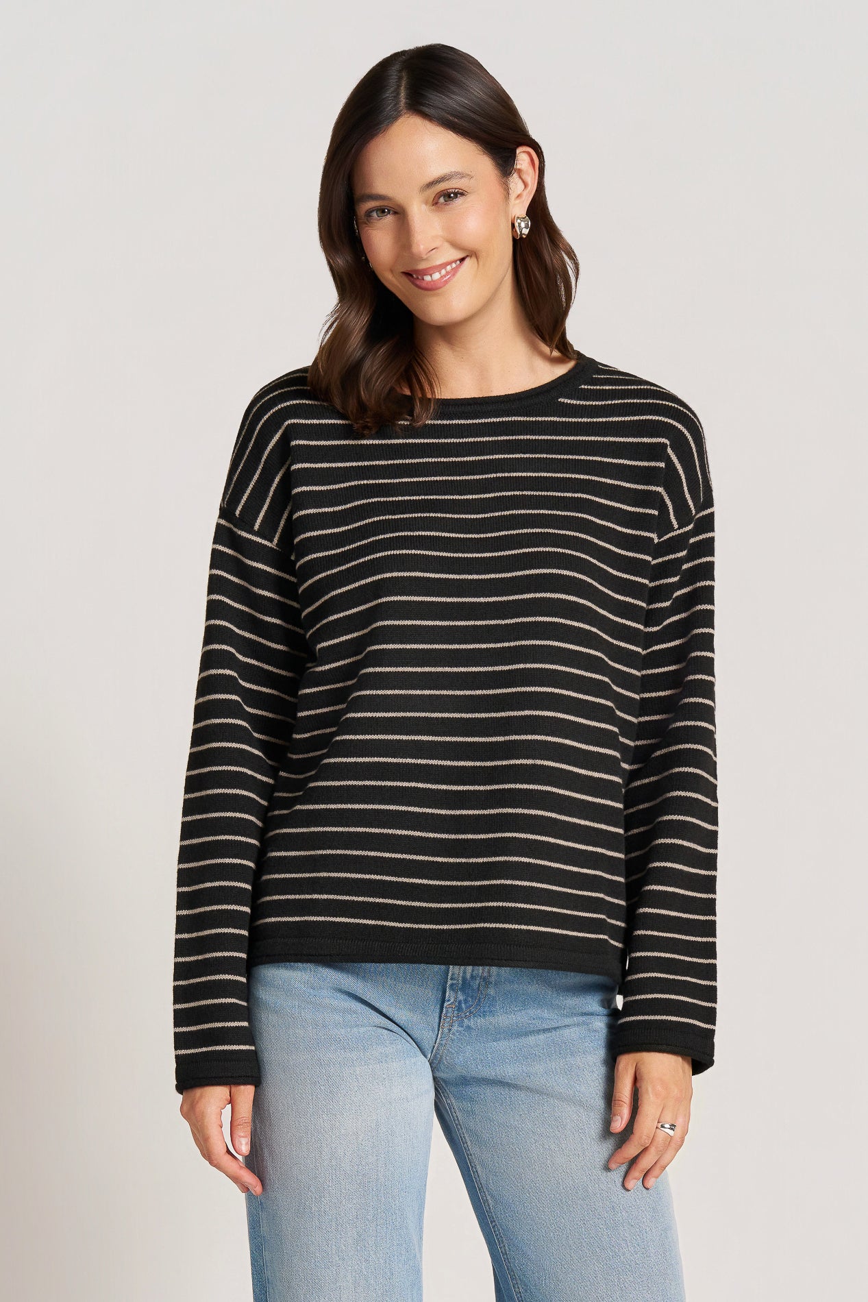 STRIPE BOAT NECK SWEATER - BLACK/TAUPE