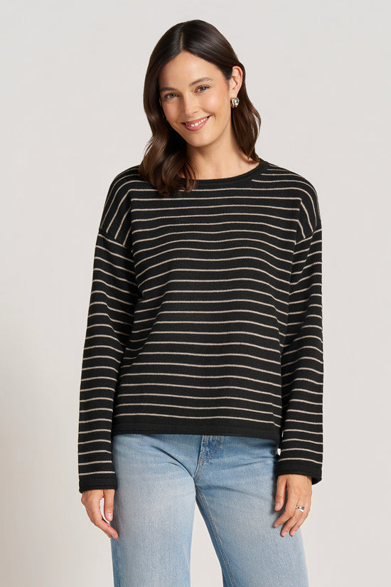 STRIPE BOAT NECK SWEATER - BLACK/TAUPE